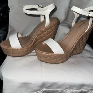 Qupid White and Tan Quilted Wedges